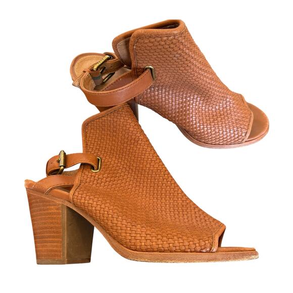 Frye Women's Brown Leather Woven Shield Peep Toe Slingback Heel - Size 10 - Picture 3 of 11